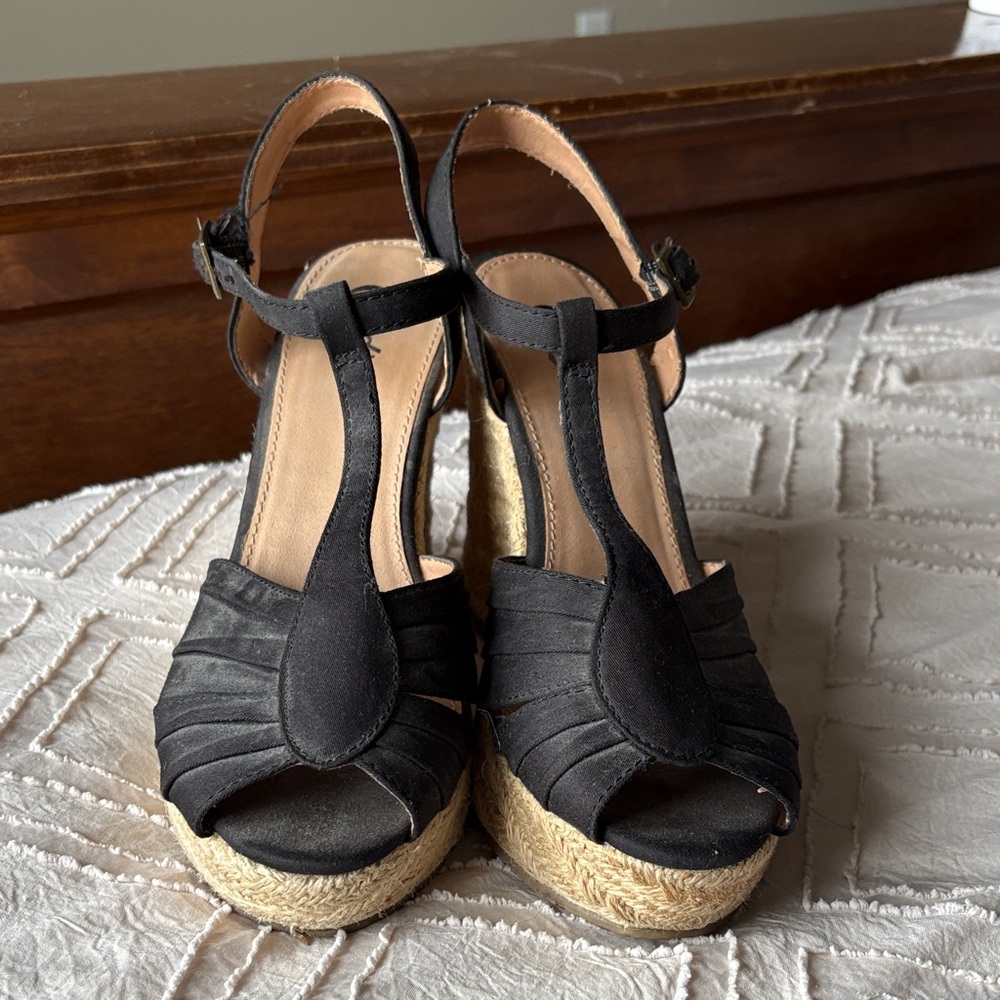 Candie's Black Espadrille Wedge Sandals